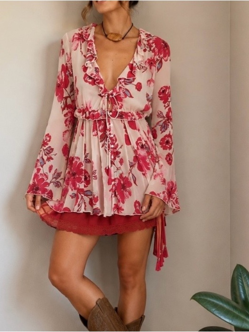 Free People Wildest Dreams Floral Ruffle Stretch Mesh Top Bell Sleeves